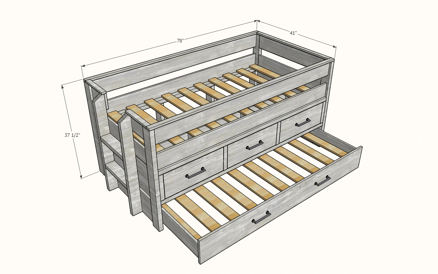 Captains Bed with Trundle Bed dimension diagram 1