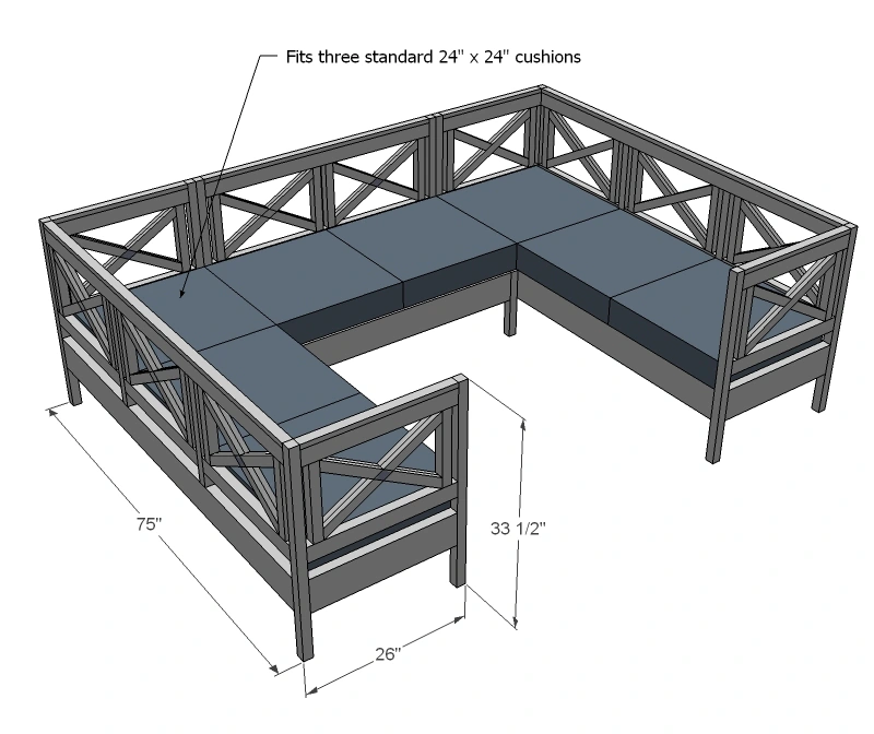Classic X-Back Sofa or Sectional with Cushions dimension diagram 1