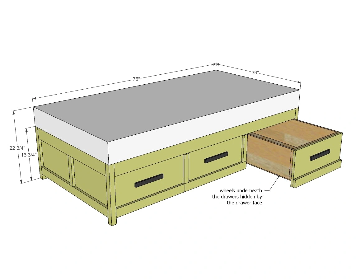 Daybed with Storage Trundle Drawers dimension diagram 1