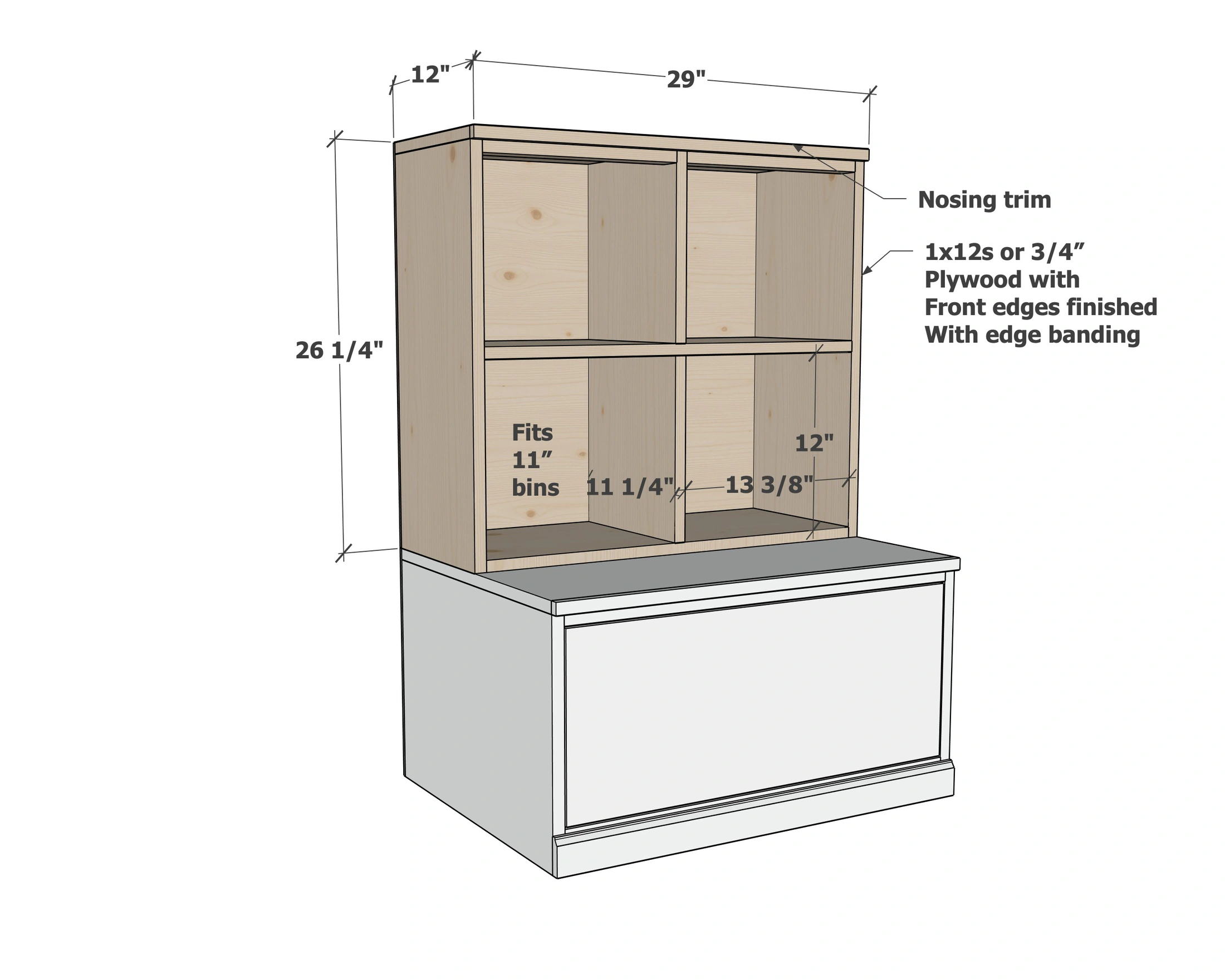 Four Cubby Hutch for the Modular Playroom Storage Wall Collection dimension diagram 1