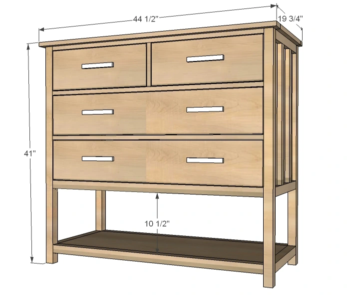 Mid Height 4 Drawer Dresser with Open Bottom Shelf dimension diagram 1