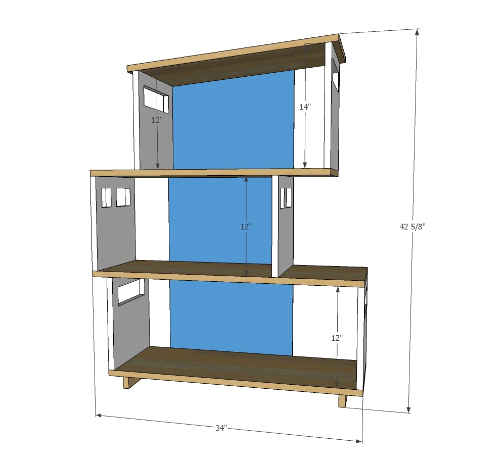 Midcentury Modern Dollhouse Bookshelf dimension diagram 1