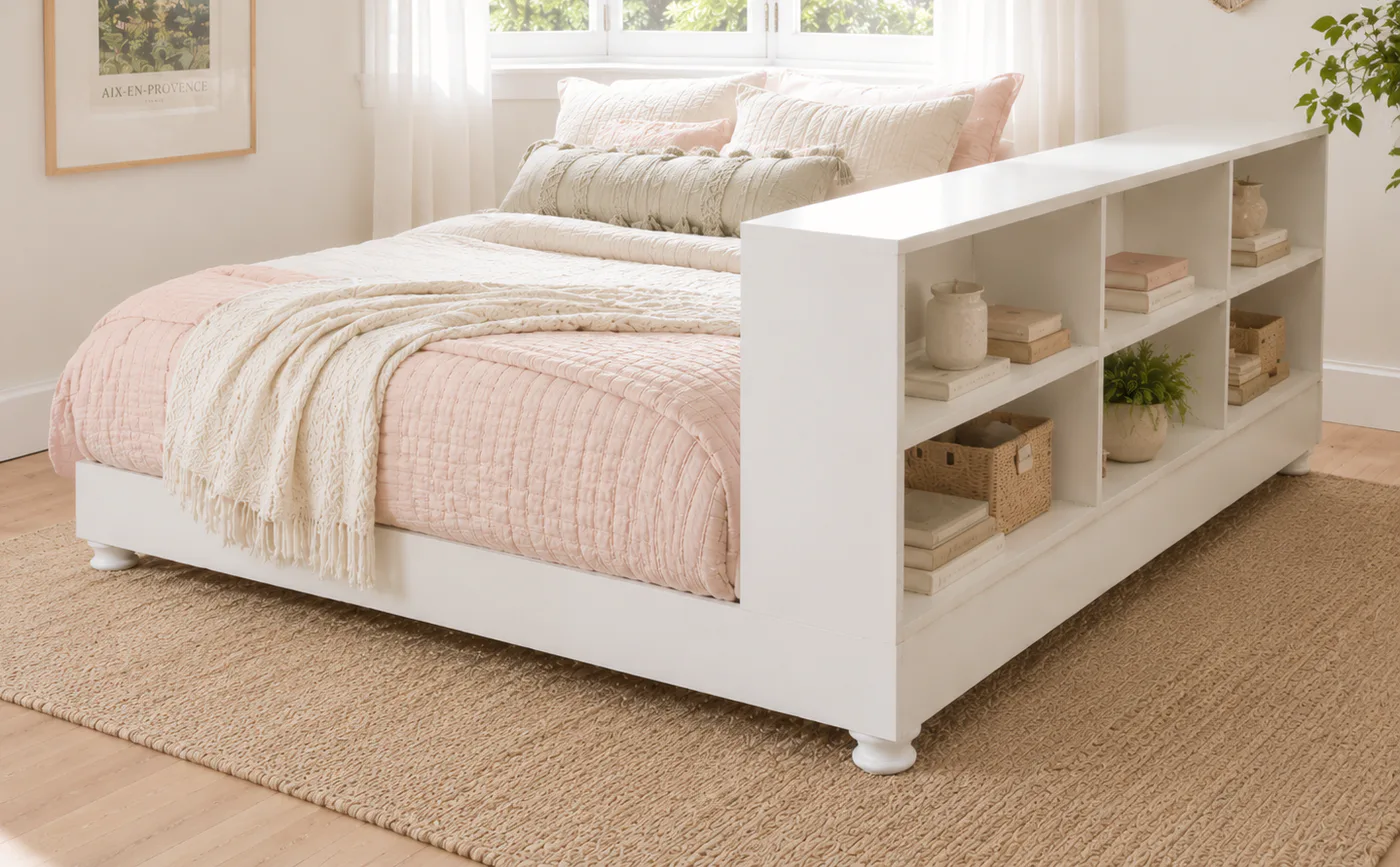 Platform Bed with Side Storage 1x12 Divider Shelf