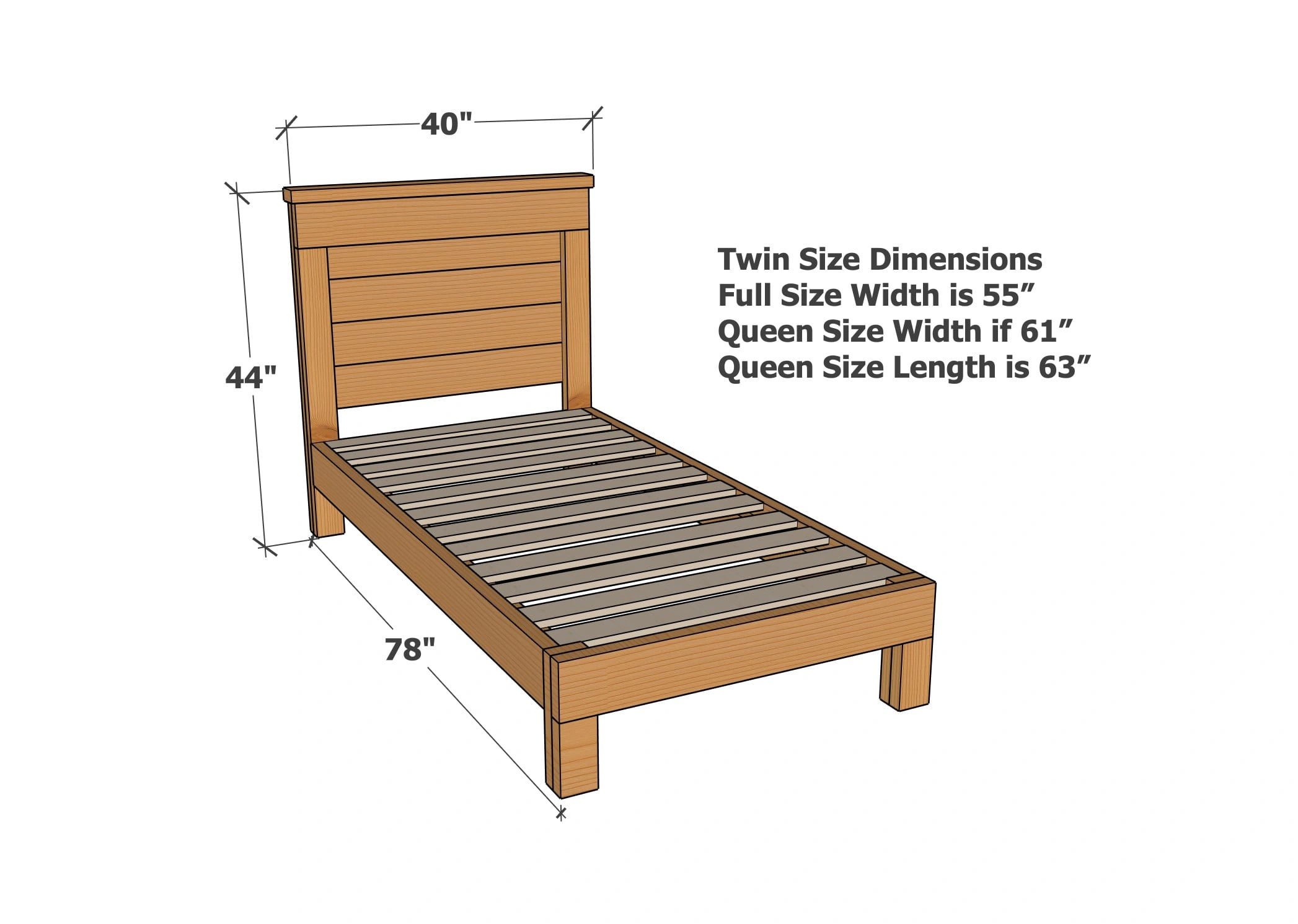 Simple Build Bed Frame in All Mattress Sizes dimension diagram 1