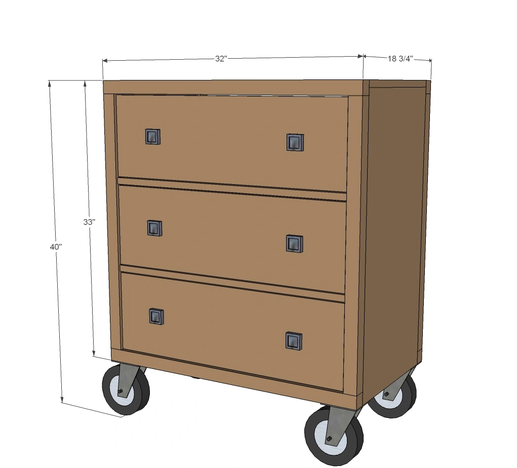 Three Drawer Rolling Dresser dimension diagram 1